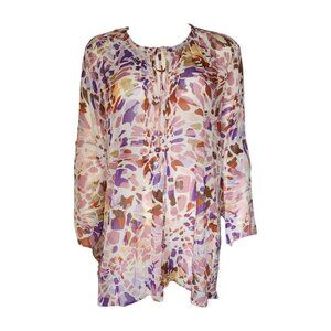 Susan Graver Top Womens Plus Size 1X Printed Chiffon 3/4 Sleeve Pullover